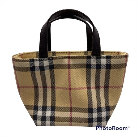 BURBERRY Mini Handbag Coated Canvas Classic Tan Check Leather Handles AUTHENTIC - Picture 3 of 11